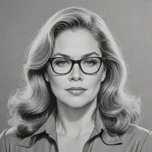 Elegant Kathleen Turner, pencil sketch, portrait of Superb woman 1977s in glasses, hair style beatnik, outline, clear lines, fine lines, 8k