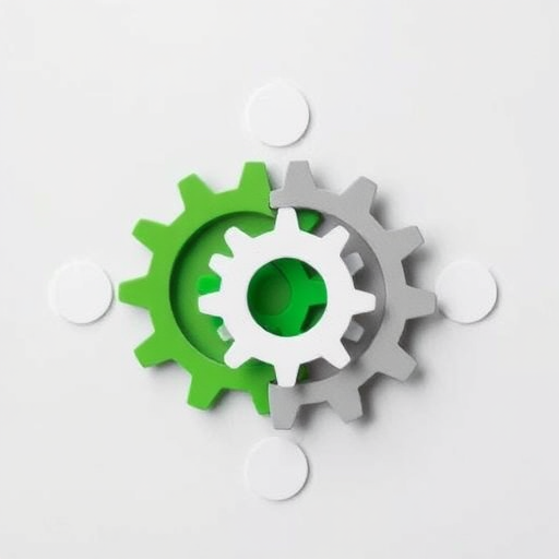 Create an image of two interlocking gears, one green and one gray, with three white circular shapes around them, using a DSLR camera with a 50mm lens, aperture set to f/4, ISO 100, and a slight macro focus for detail enhancement.