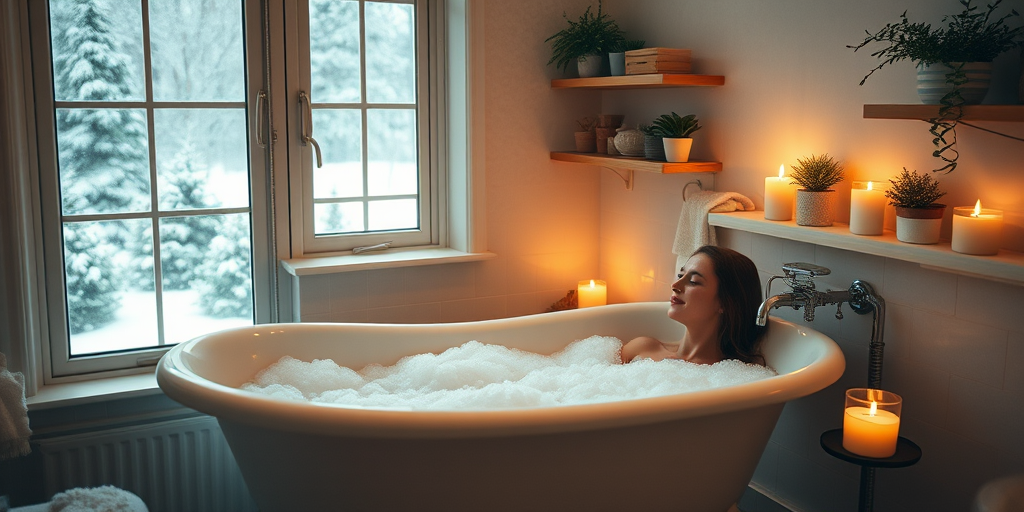 create a cozy bathroom scene with a person relaxing in a vintage bathtub filled with bubbles, soft candlelight illuminating the space, snow falling outside the window, indoor plants on shelves, warm tones, high-resolution, shot with a DSLR camera at f/2.8, ISO 200, 50mm lens, natural light with ambient lighting effects