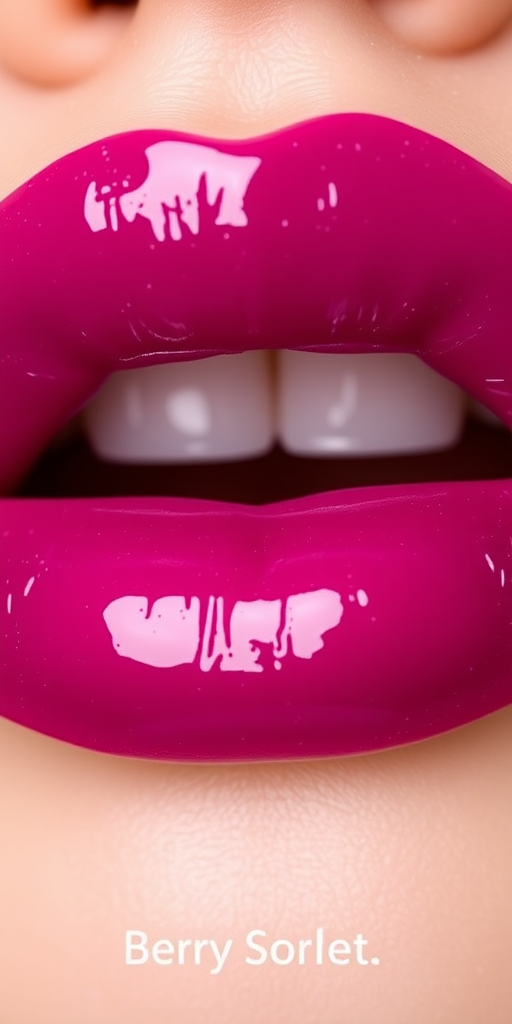 Glossy plum lips with a jelly-like finish, dubbed "Berry Sorbet," display a juicy, translucent color and ultra-hydrated appearance for a fresh, fruity vibe