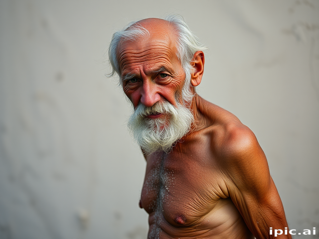 shirtless old man