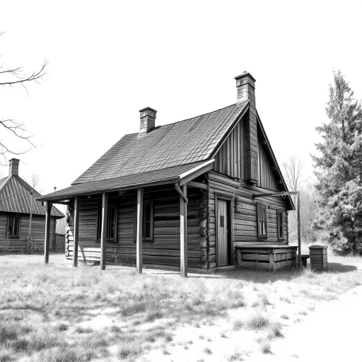 regenerate an image of an old wooden house in a grayscale sketch style, using a 50mm lens with f/2.8 aperture, ISO 100, soft natural lighting, taken from a low angle to capture details of the architecture, shot with a DSLR camera