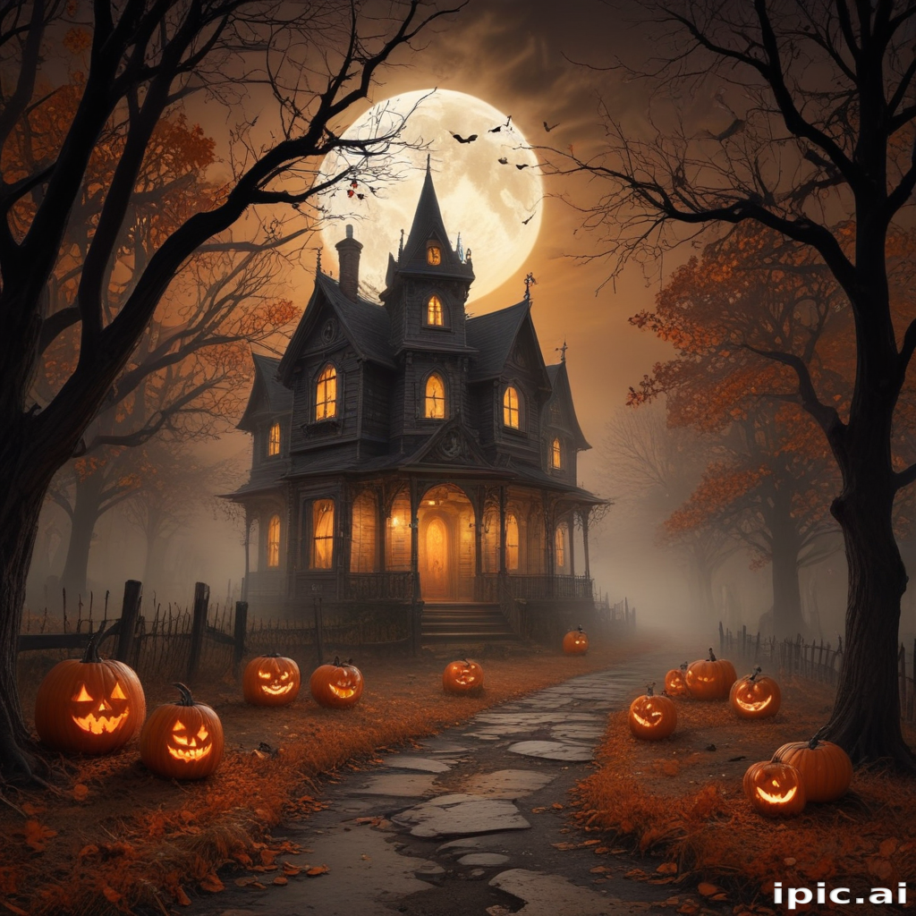 A Spooky Halloween Night Featuring a Haunted House and Glowing Pumpkins
