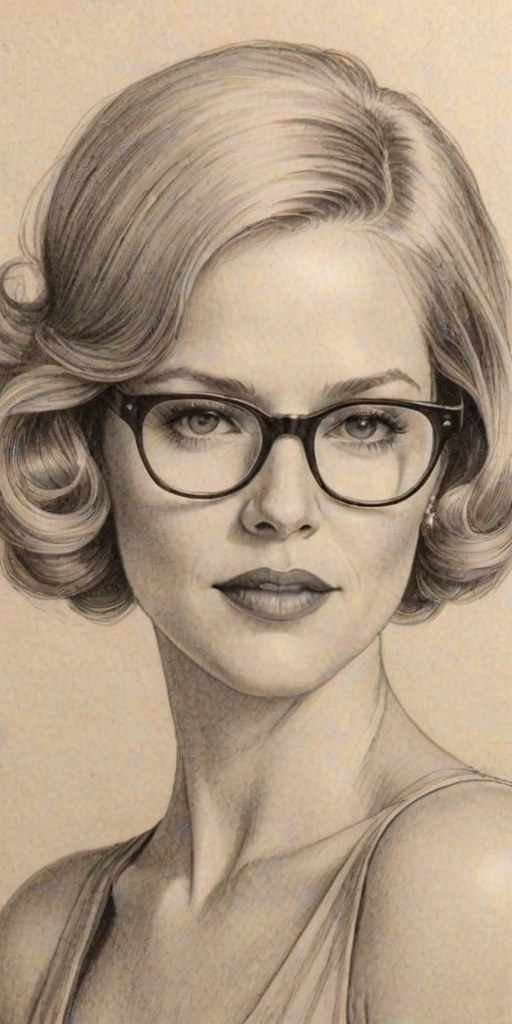 Sublime Penelope Ann Miller, pencil sketch, portrait of Graceful woman 1932s in glasses, hair style beatnik, outline, clear lines, fine lines, 8k