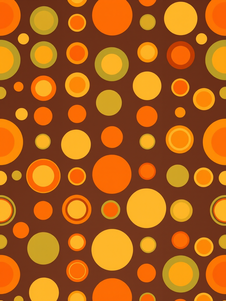 create a retro-inspired seamless pattern of colorful circles in varying sizes with a warm color palette featuring oranges, yellows, and greens on a brown background using a high-resolution digital camera, focal length 50mm, aperture f/8 for depth of field, soft natural lighting, and a flat lay view
