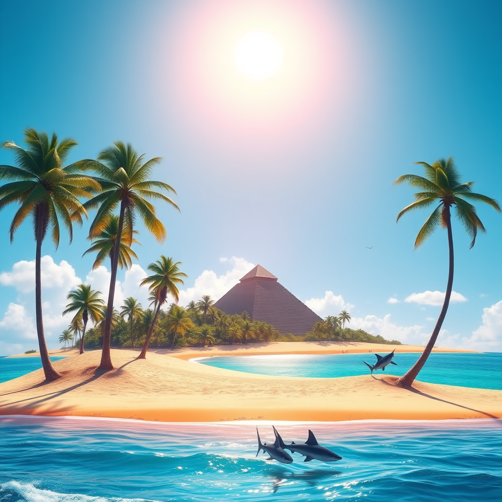 Generate a vibrant digital illustration of a tropical island with tall palm trees, sandy beaches, and two pyramids in the background, with a bright sun in a clear blue sky, include a calm ocean with subtle waves and a couple of sharks finning near the shore, shot with a DSLR camera at f/8 aperture, 1/200 sec shutter speed, and ISO 100, with a wide-angle view for enhanced depth and clarity.