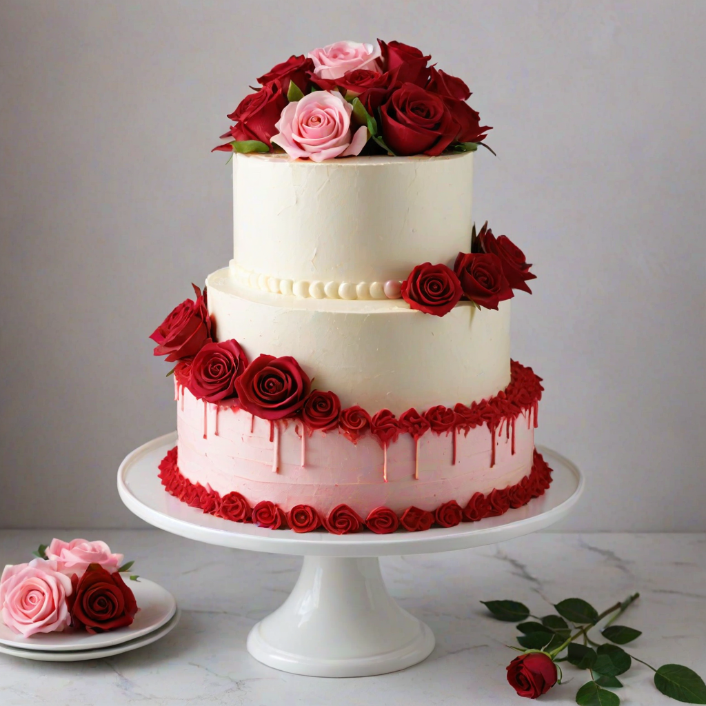 Generate an image of a two-tiered cake decorated with realistic buttercream roses in shades of red, pink, and burgundy. The cake should have green leaves interspersed among the flowers, all set on a simple white cake stand against a plain background.