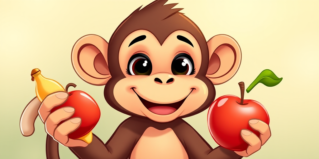 Generate a cute cartoon monkey holding a banana and an apple, with a playful expression, using a high-resolution digital art style, 50mm lens, f/2.8 aperture, soft lighting, and 300 DPI resolution.