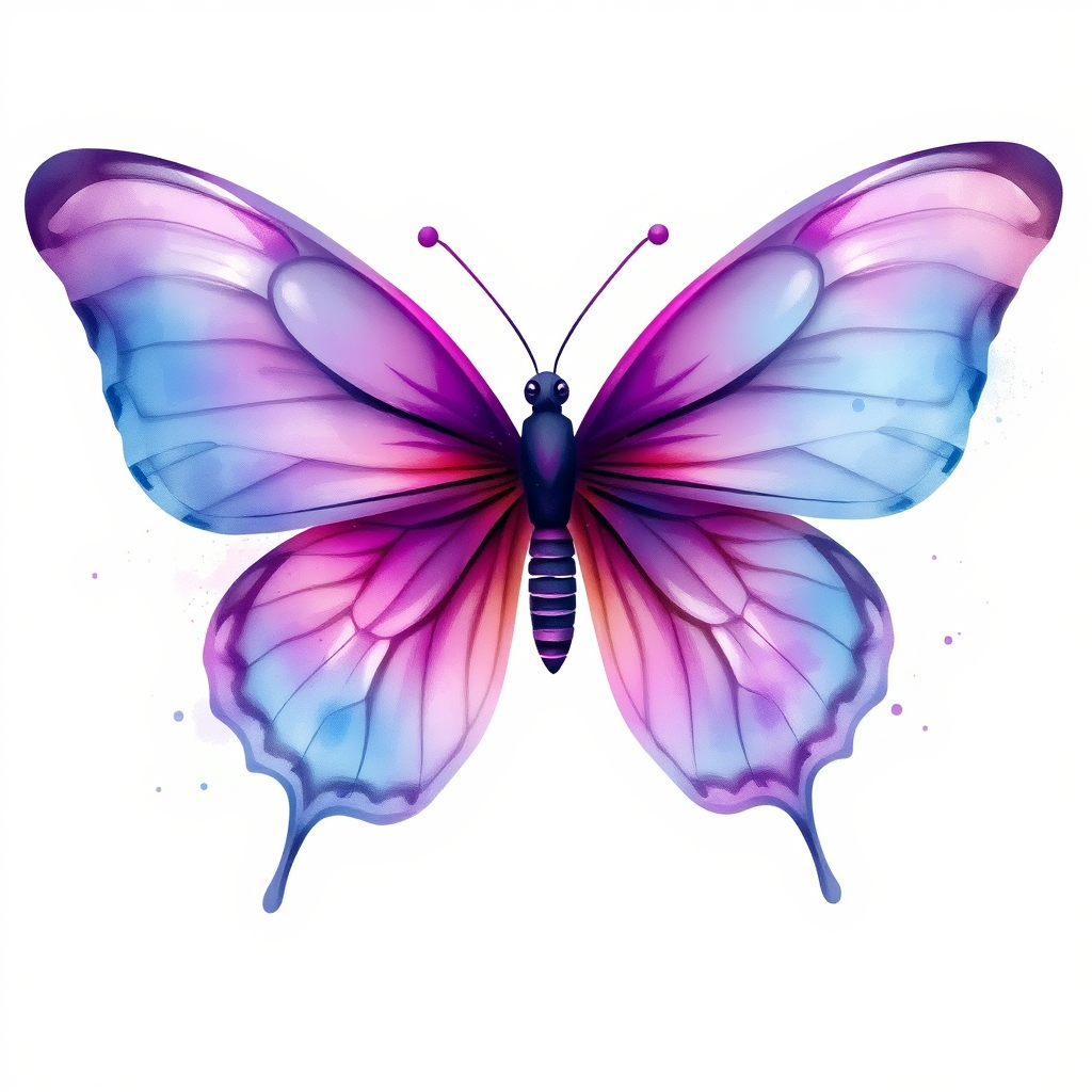 Create an artistic illustration of a butterfly with large wings. The wings should be a blend of vibrant purple and blue hues, featuring delicate swirls and splashes of watercolor effects. The background should be soft and light, enhancing the ethereal quality of the butterfly.