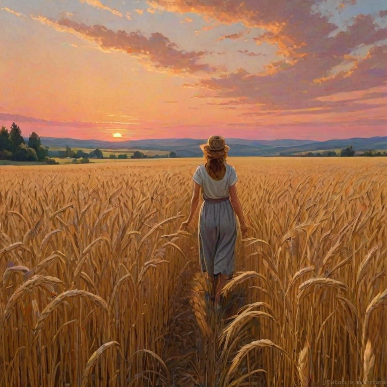 Golden wheat field, the sun setting behind distant hills, a woman walks slowly through the tall stalks, her hands brushing the tops as the sky turns a brilliant shade of pink.