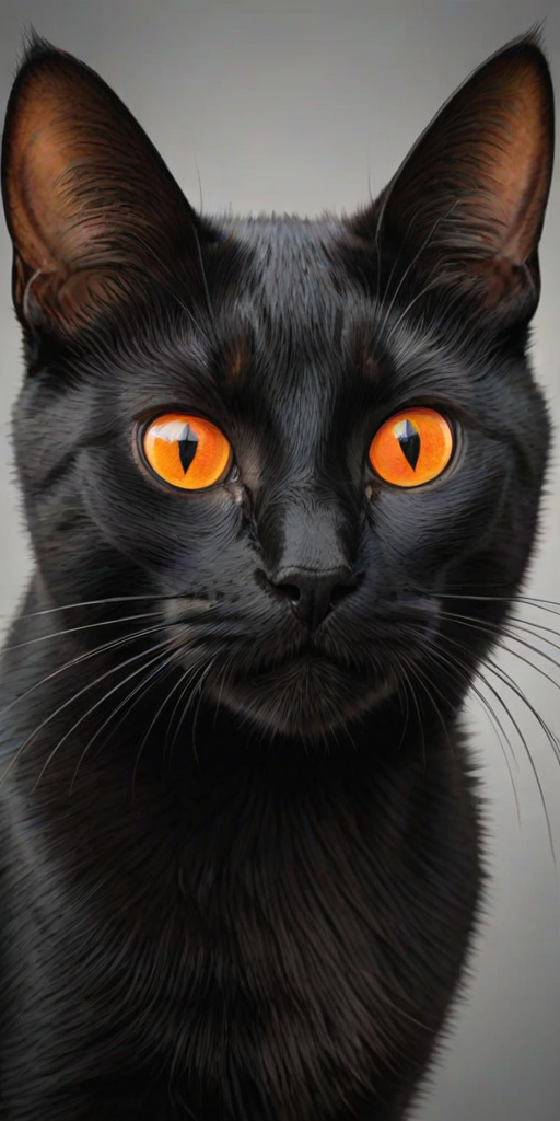 create a digital illustration of a black cat's face with vivid orange eyes and detailed ear features on a plain light background