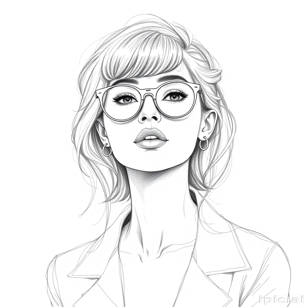 hot mia khalifa, pencil sketch, portrait of beautiful woman 60s in glasses, hair style beatnik, outline, clear lines, fine lines, 8k