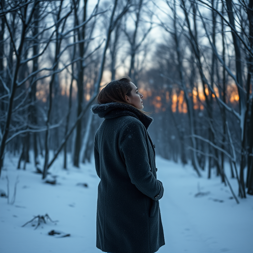 Snow-covered forest at twilight, the last light of day filtering through bare branches, a woman in a thick wool coat stands still, her breath visible in the frosty air as she gazes at the falling snow.