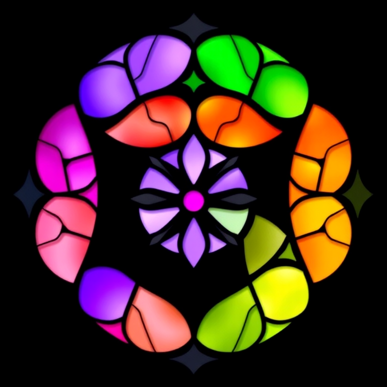 Create a vibrant and intricate design featuring the letter S in a stained glass style with a gradient of purple, orange, and green colors, captured with a DSLR camera, 50mm lens, f/2.8 aperture, ISO 100, and a focus on sharp detail against a black background.