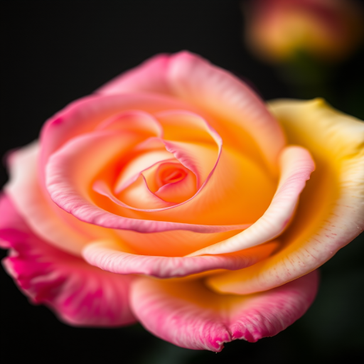 macro shot of a pink and yellow rose on a black background, aperture f/2.8, shutter speed 1/200s, ISO 100, taken with a DSLR camera using a 100mm macro lens, soft focus background for enhanced depth of field