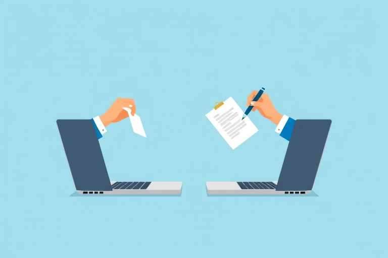 create a digital illustration of two laptops facing each other with hands emerging from the screens, one hand holding a contract while the other holds a pen, use a clean light blue background, soft lighting, 35mm lens, f/2.8 aperture, 1/100 sec shutter speed, shot from a slightly elevated angle for depth, in a minimalistic flat design style