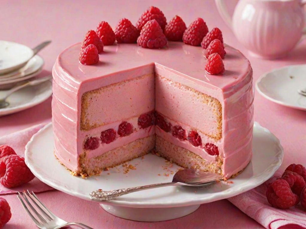 Generate an image of a beautifully layered raspberry mousse cake. The cake should have a smooth pink mousse layer topped with a glossy raspberry glaze. Decorate the top with fresh raspberries arranged elegantly. Include a slice of the cake on a separate plate with a spoon beside it. The background should be simple and light to highlight the cake's vibrant colors.