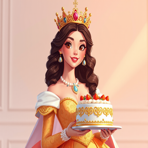 Create a vibrant illustration of a regal princess wearing a golden gown with intricate patterns and a crown, holding a decorated cake, captured in a bright studio setting using a Canon EOS R5 at f/8, ISO 100, with a 50mm lens, soft lighting, and a high-resolution focus to enhance details and colors.