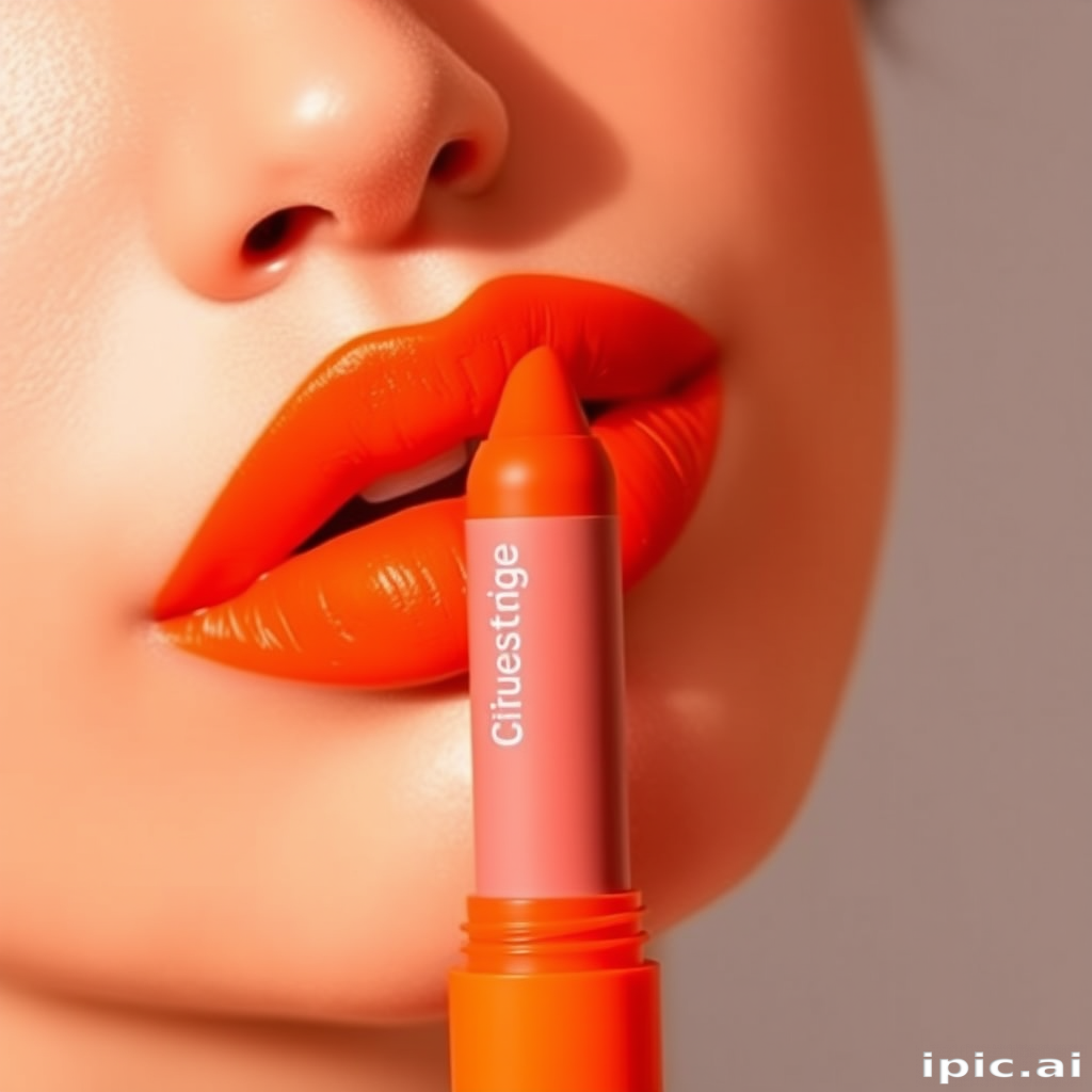 Electric neon orange matte lip crayon with precise application, titled "Citrus Surge," offering long-lasting color and a comfortable, non-drying formula, ideal for statement-making styles