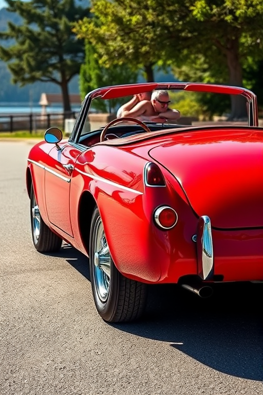 A vibrant red classic convertible car parked in a scenic location, captured with a DSLR camera, 50mm lens, aperture f/2.8, ISO 100, shot at 1/200 sec, ensuring sharp details and rich colors in bright daylight, with a slight upward angle to emphasize the car's sleek lines.