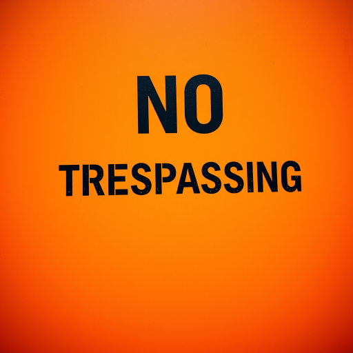 Create a high-resolution image of a warning sign that reads "NO TRESPASSING" in bold black letters on a bright orange background, captured with a DSLR camera at f/8 aperture, ISO 200, 1/125 sec shutter speed, shooting in a flat lay view to emphasize clarity and color vibrancy.