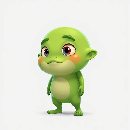 Create a cartoonish character design of a green, blob-like creature with human features, medium shot, soft lighting, digital art style, using a virtual camera with a 50mm lens and an aperture of f/2.8 for enhanced depth of field.