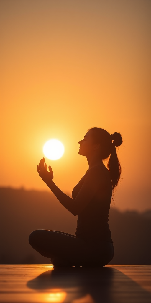 Create a serene silhouette of a person meditating at sunset, capturing warm golden hues in the sky, use a 50mm lens at f/1.8 for a shallow depth of field, shot at ISO 100, shutter speed 1/200s, in soft natural light with a DSLR camera, side view emphasizing tranquility and peace.
