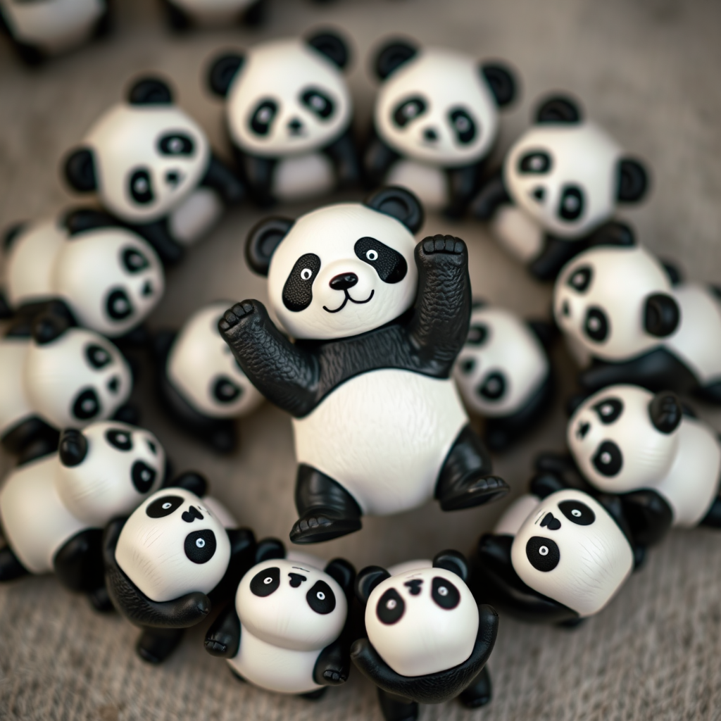 Create an image of multiple playful panda figures arranged in a circular pattern with one panda prominent in the center, using a DSLR camera with a 50mm lens, aperture f/2.8, ISO 200, and a soft focus background to enhance the main subject's detail and clarity.