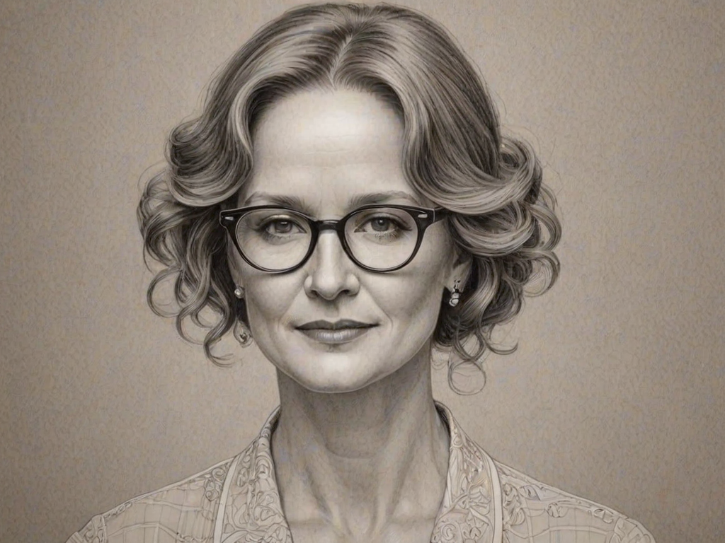 Delightful Melissa Leo, pencil sketch, portrait of Elegant woman 1929s in glasses, hair style beatnik, outline, clear lines, fine lines, 8k