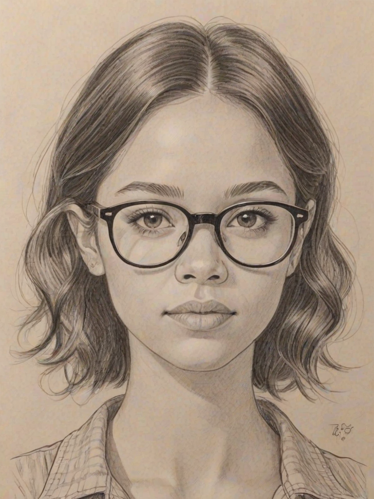 Magnificent Jenna Ortega, pencil sketch, portrait of Splendid woman 1967s in glasses, hair style beatnik, outline, clear lines, fine lines, 8k