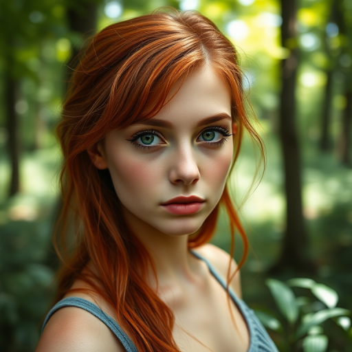 portrait of a young woman with red hair and green eyes in a lush green forest, natural lighting, f/1.8 aperture, 50mm lens, shallow depth of field, taken with a DSLR camera