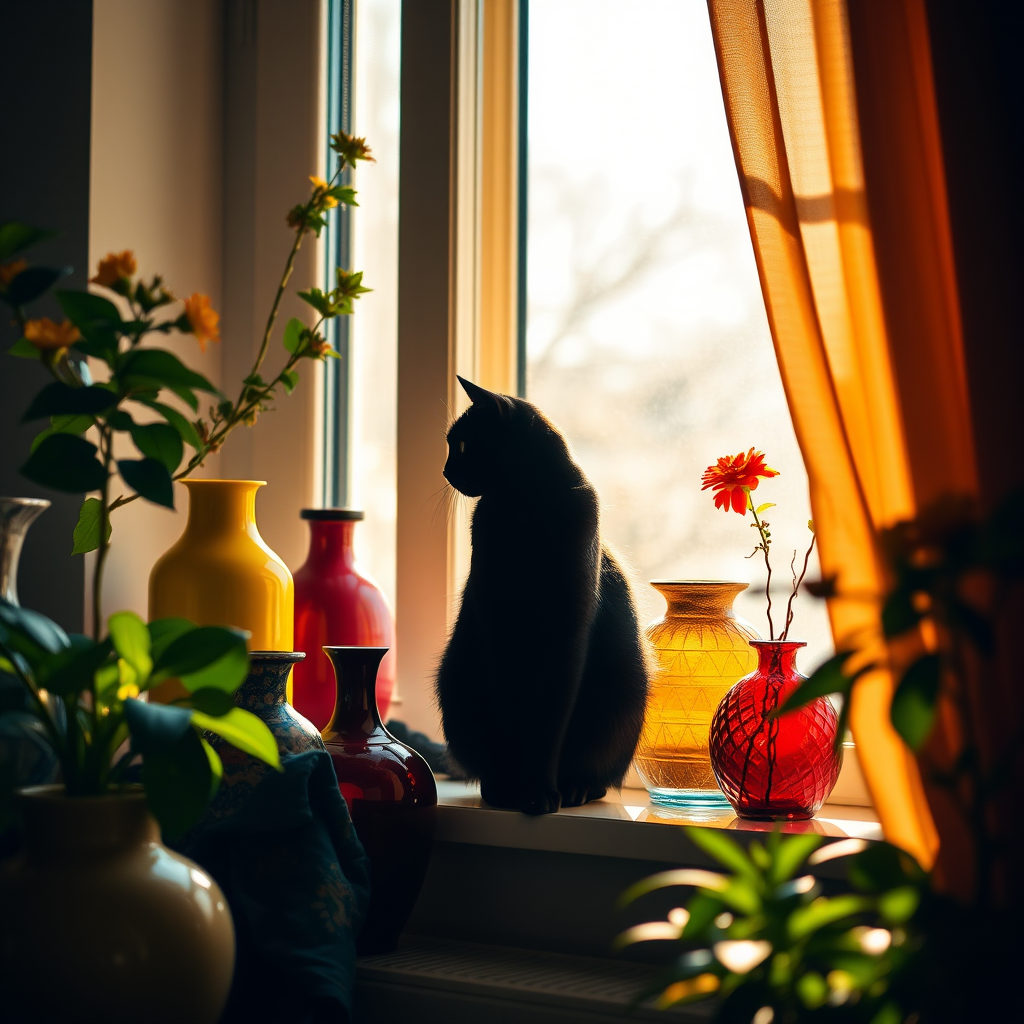 A cozy interior scene featuring a silhouette of a black cat on a windowsill, surrounded by colorful vases and plants in an abstract style, warm sunlight streaming through the window, captured with a Canon EOS R5, 35mm lens, f/8 aperture, 1/100 sec shutter speed, natural lighting for vibrant colors and sharp details.