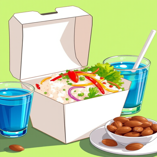 Create a vibrant illustration of an open takeout food box filled with fluffy rice, fresh green lettuce, colorful salad toppings, and a side of dipping sauce next to a cup of blue drink and a plate of almonds, using a soft focus style with a 50mm lens at f/2.8, ISO 100, and 1/125s exposure, with a bright and cheerful green background.