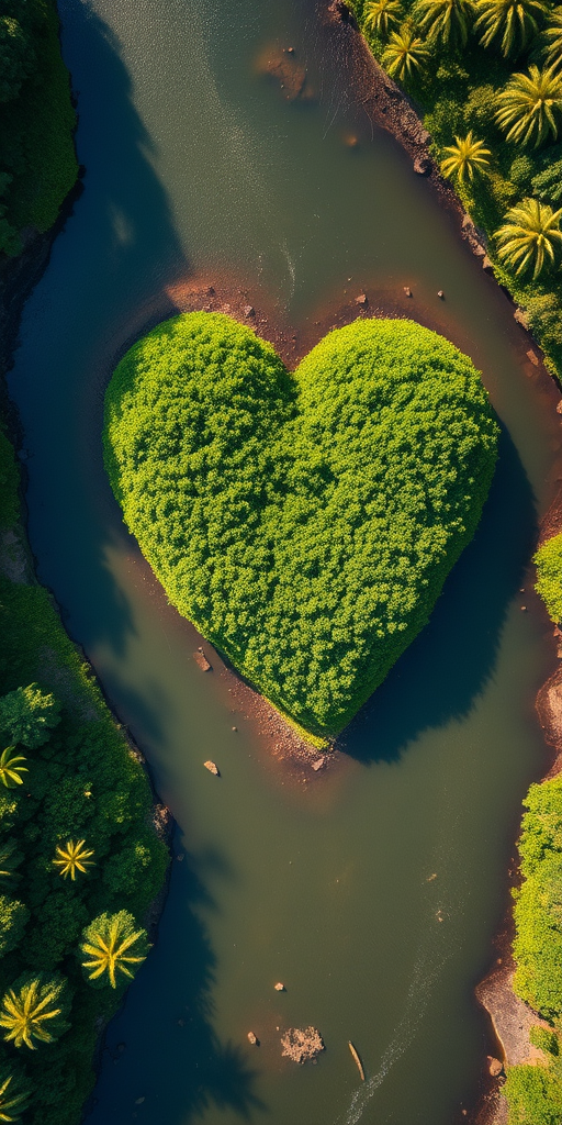 capture aerial view of a heart-shaped patch of lush green vegetation along a winding river in bright daylight, using a DSLR camera with a 24mm lens, aperture f/8, ISO 200, shutter speed 1/250s, high dynamic range imaging for enhanced detail and color vibrancy