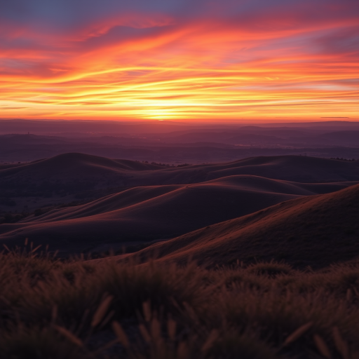 Capture a high-resolution image of a scenic landscape featuring rolling hills and a vibrant sunset, using a Canon EOS R5 camera, 35mm lens, aperture f/2.8, ISO 100, with a focus on depth of field to enhance foreground detail and rich colors in the sky.