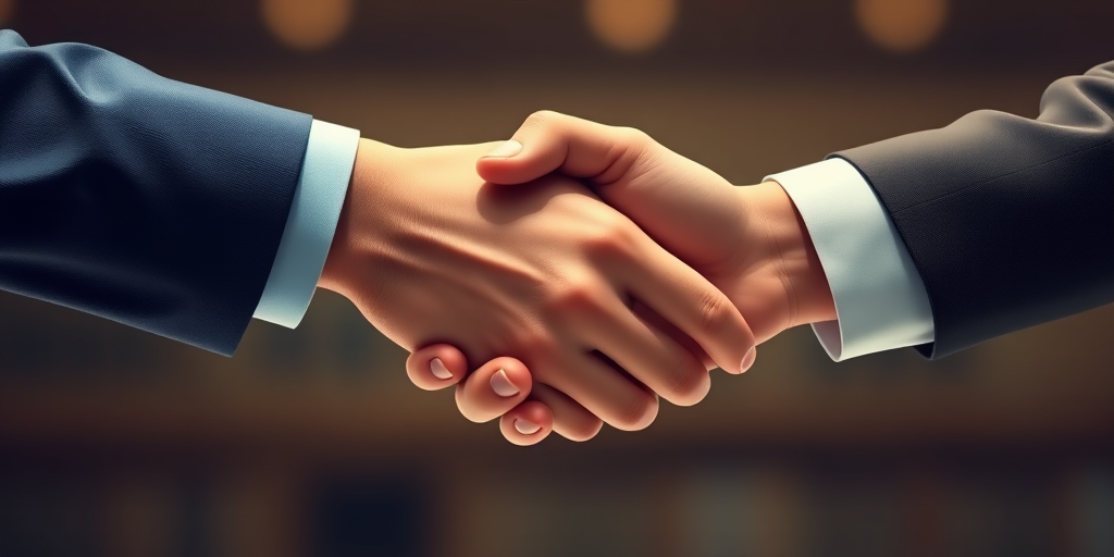 Create a high-resolution digital illustration of two hands shaking, emphasizing the details of the hands and the connection, shot with a DSLR camera at f/2.8, 1/250 sec, ISO 100, in a close-up view with a soft focus background for depth.