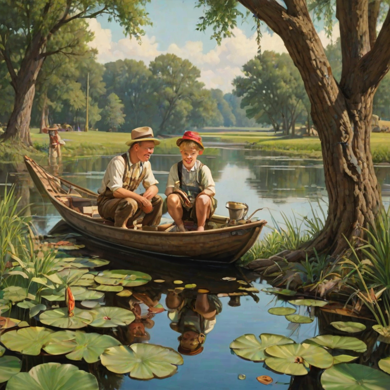 Imagine a small group of old fashioned young boys out fishing by the creek, a swing hanging from a tree branch, reeds and grasses by the water's edge, a frog sitting on a lily pad, dragonflies hovering over som water plans, a very iconic old fashioned scene reminiscent of a Norman Rockwell painting style