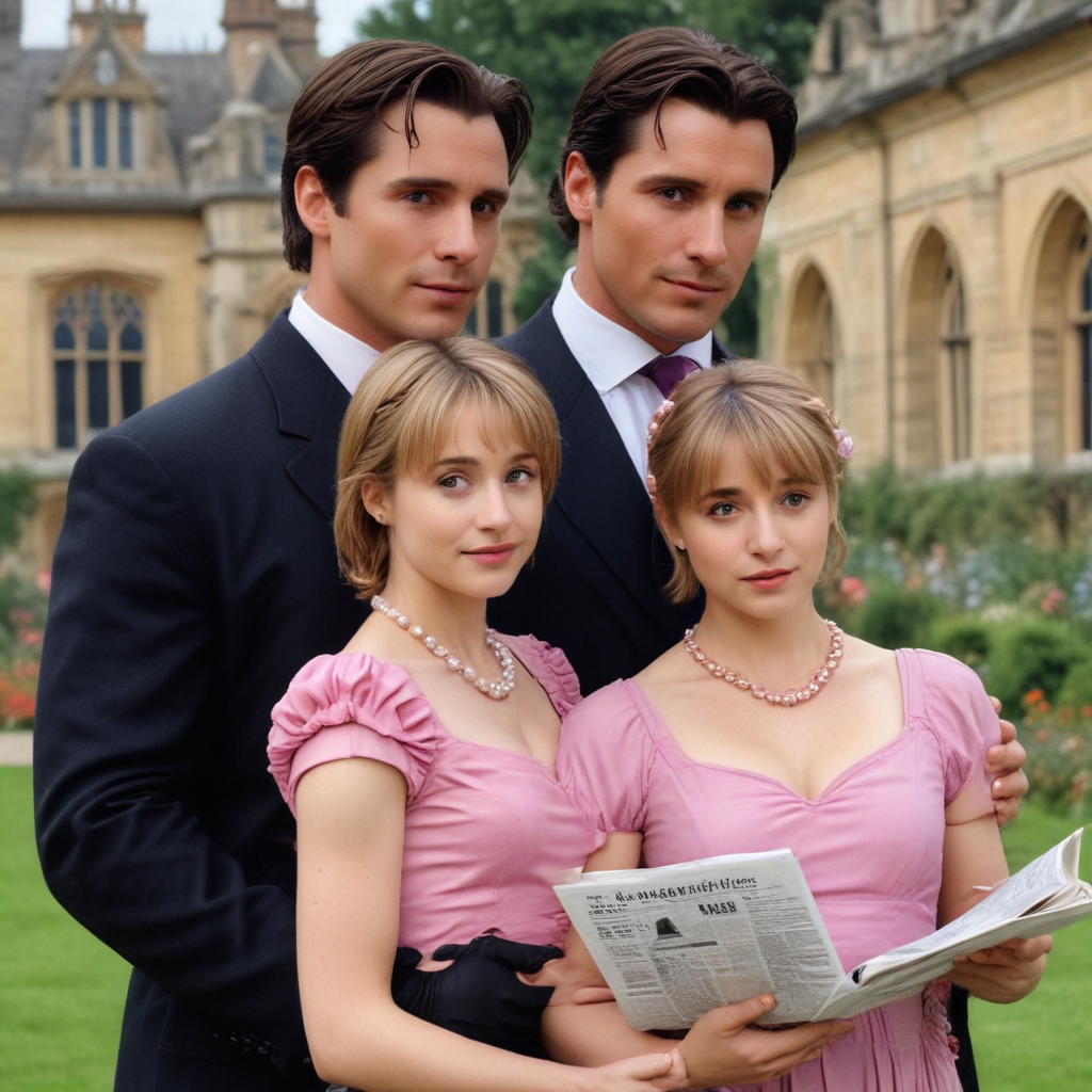 bruce wayne christian bale and allison mack together, he is looking over her shoulder newspaper, wollaton hall background, garden, pearl necklace, pink dres, romantic scene, looking at the camera,