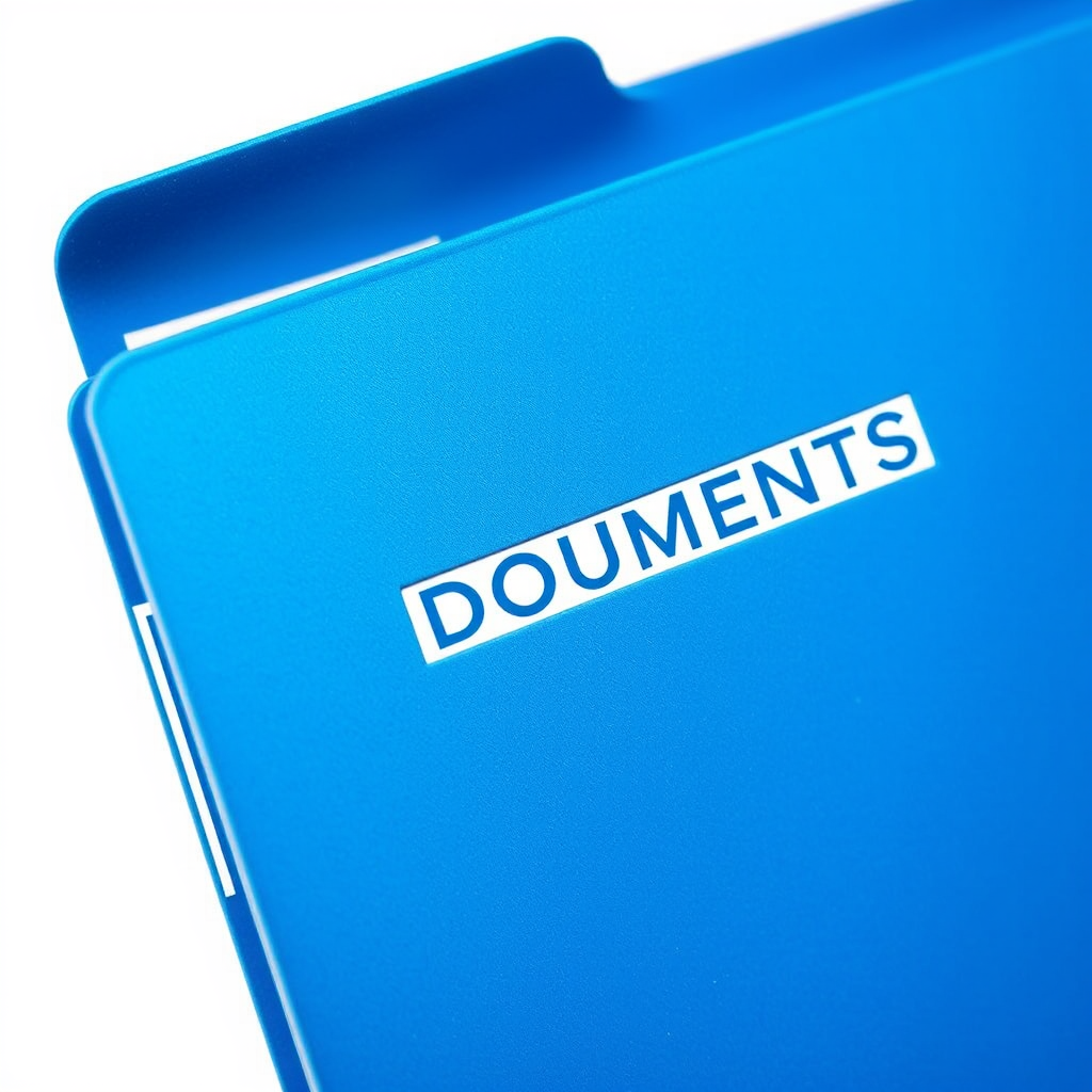 Create an image of a blue folder labeled "DOCUMENTS" with a sleek, glossy finish, captured with a DSLR camera at f/4 aperture, ISO 100, 1/60s shutter speed, using a macro lens to highlight texture and detail against a white background.