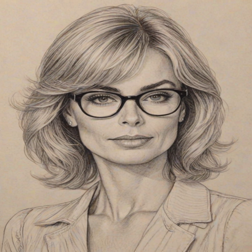 Splendid Eileen Davidson, pencil sketch, portrait of Resplendent woman 1973s in glasses, hair style beatnik, outline, clear lines, fine lines, 8k