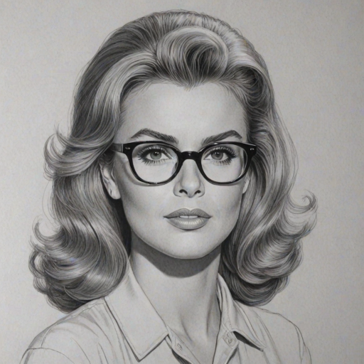 Captivating Ann-Margret, pencil sketch, portrait of Splendid woman 1951s in glasses, hair style beatnik, outline, clear lines, fine lines, 8k