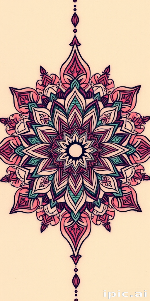 Bohemian mandala tattoo named "Cosmic Harmony" with intricate geometric patterns and ornate details in soft pastel colors radiating outward from a central focal point