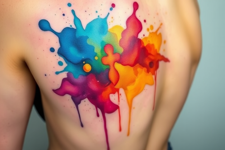 Vibrant watercolor splash tattoo named "Chromatic Cascade" featuring a burst of rainbow hues blending seamlessly into each other creating an abstract masterpiece on the skin with fluid brushstrokes and delicate splatters giving the illusion of paint dripping down the body incorporating subtle white highlights to enhance depth and dimension while maintaining a soft ethereal quality that appears to float weightlessly on the surface
