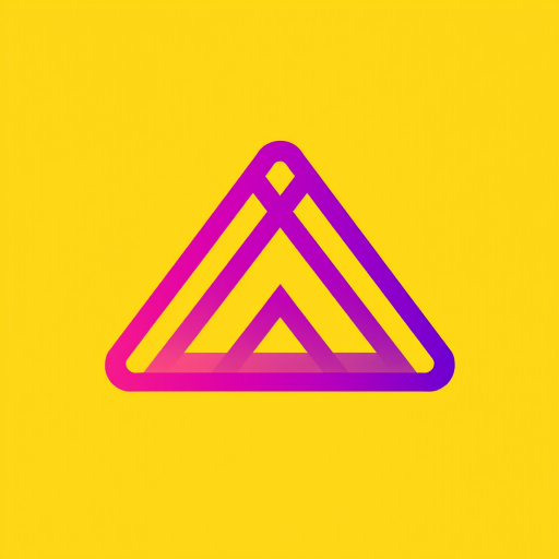 Generate a high-resolution image of a purple gradient triangle logo on a yellow background, use a DSLR camera with a 50mm lens, aperture f/2.8, ISO 100, and a slightly blurred background to emphasize the logo.