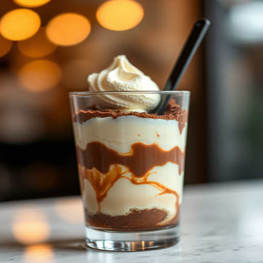 dessert with layers of cream, chocolate, and a dollop of ice cream in a clear glass, soft focus bokeh background with warm lights, close-up shot, f/2.8, ISO 200, 1/60s, natural light, DSLR camera