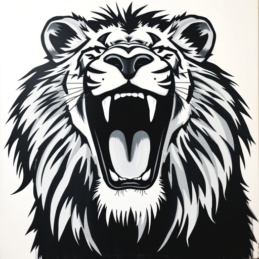 Abstract black and white acrylic portrait of an over exaggerated laughing (lion). Minimalism style. White background.