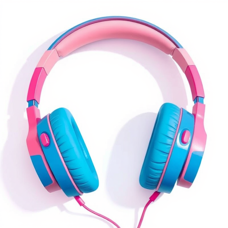 create an illustration of stylish headphones with a pink and blue color scheme, captured in a flat lay style using a DSLR camera with a 50mm lens at f/1.8 aperture, ISO 100, and natural lighting for enhanced detail and clarity