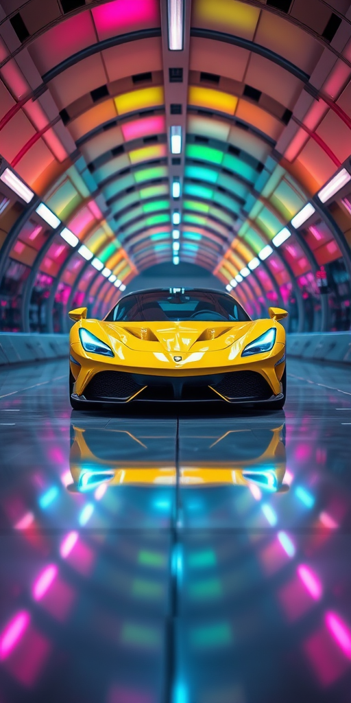 A vibrant yellow sports car with a dynamic abstract design, positioned at the center of a futuristic tunnel with colorful lighting, shot with a Canon EOS R5, 24mm lens, f/1.4 aperture, ISO 100, 1/200 sec exposure, using a low-angle perspective to emphasize the car's features and reflections on the floor.