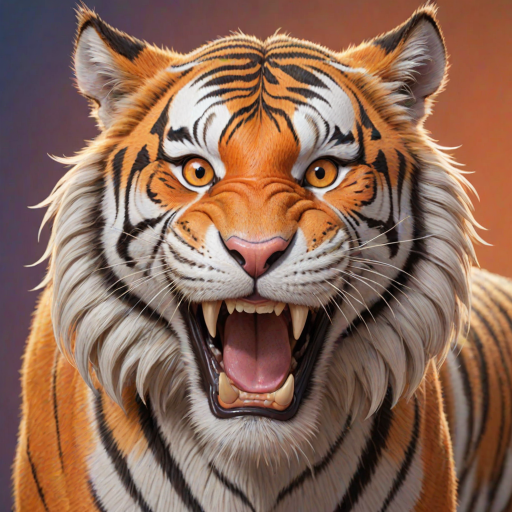Disney style, cartoon illustration of an orange and white tiger with messy hair smiling very wide open mouth showing, in the Disney Pixar animation style, in the style of Don Bluth, full teeth body, with a very detailed face, very detailed eyes, very detailed fur, full color, very colorful, with a very colorful background, soft pastel colors, high resolution, high quality, high detail, hyper realistic