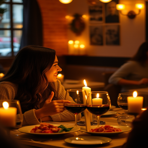 Warmly lit image of a couple sharing a candlelit dinner in a cozy restaurant, soft glow from the candles casting warm shadows on their faces, the smell of pasta and wine filling the air.
